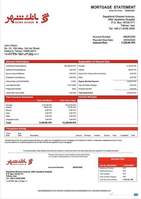 Download Iran Bank Shahr mortgage statement Word and PDF template Photoshop template
